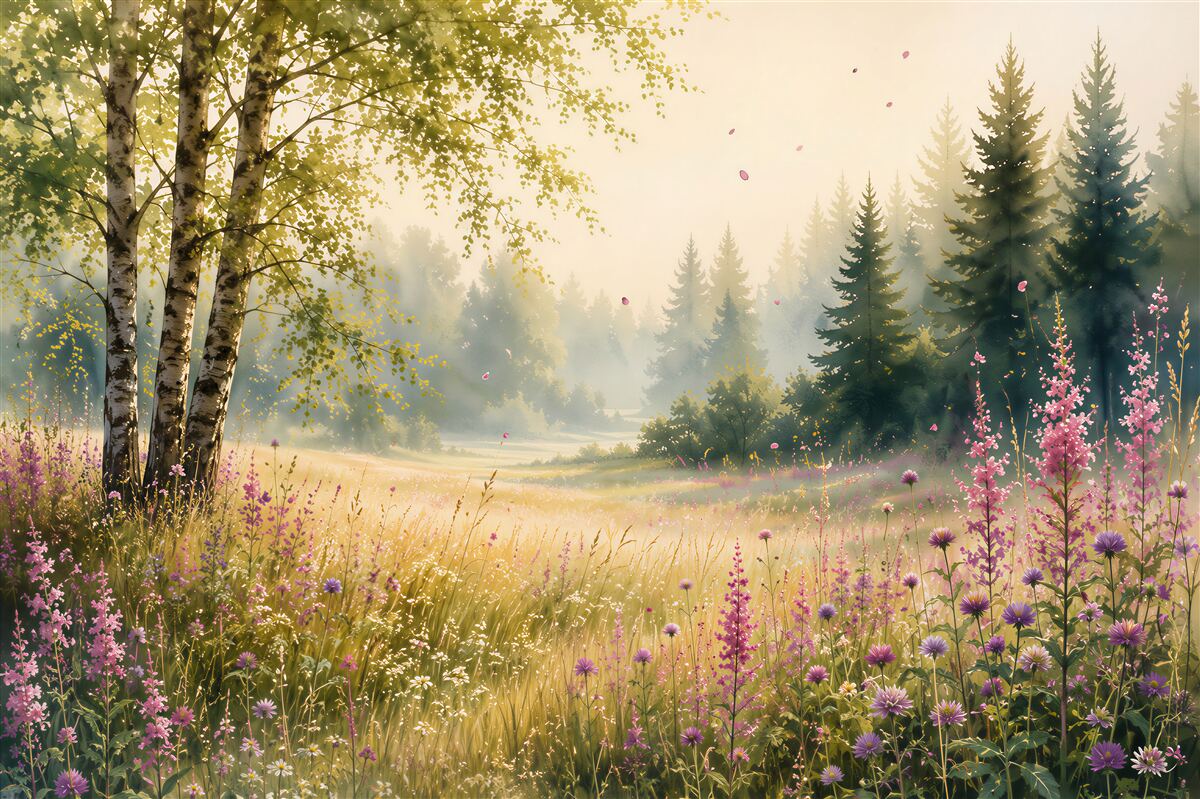 Papier peint forêt dans le brouillard avec bouleaux