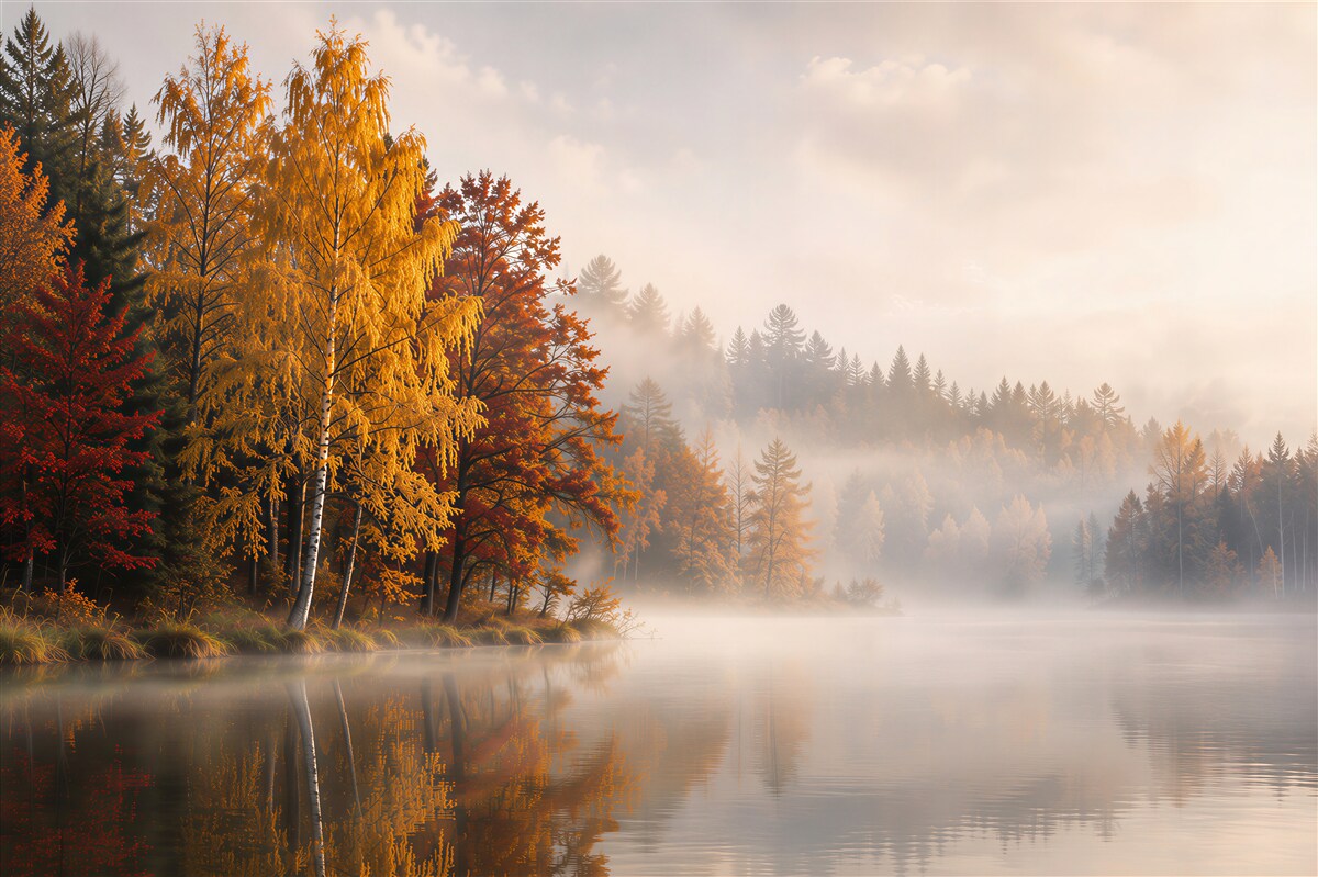 Papier peint forêt automnale brumeuse au bord du lac