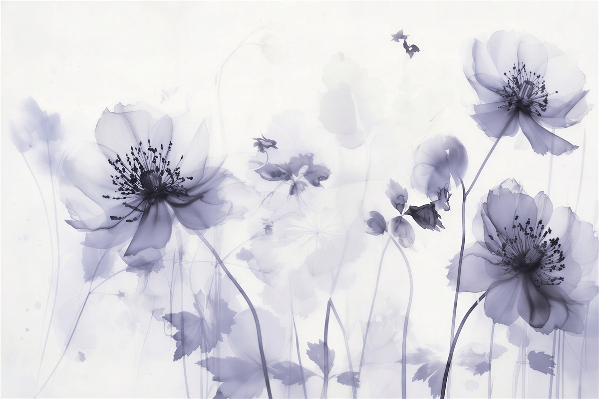 Papier peint fleurs violettes sur fond blanc