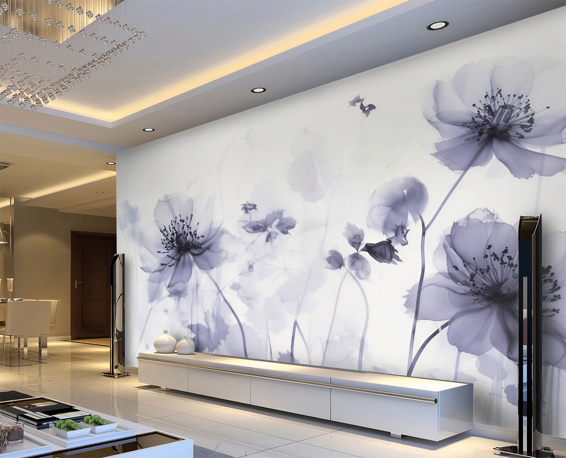 Papier peint fleurs violettes sur fond blanc