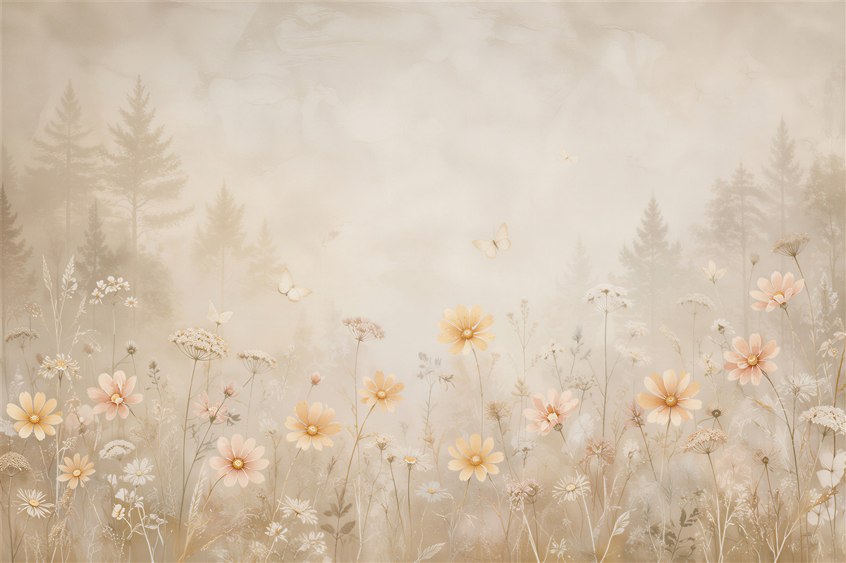 Papier peint prairie fleurie avec des papillons