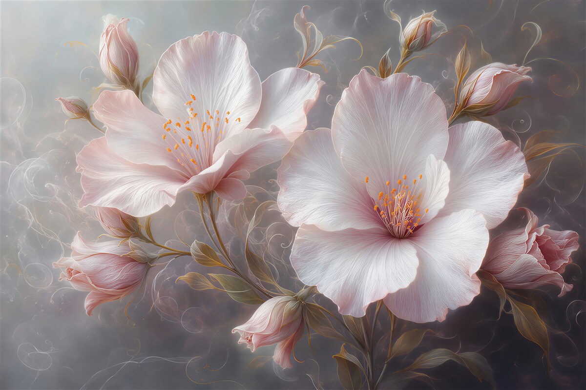 Papier peint fleurs blanches sur fond gris