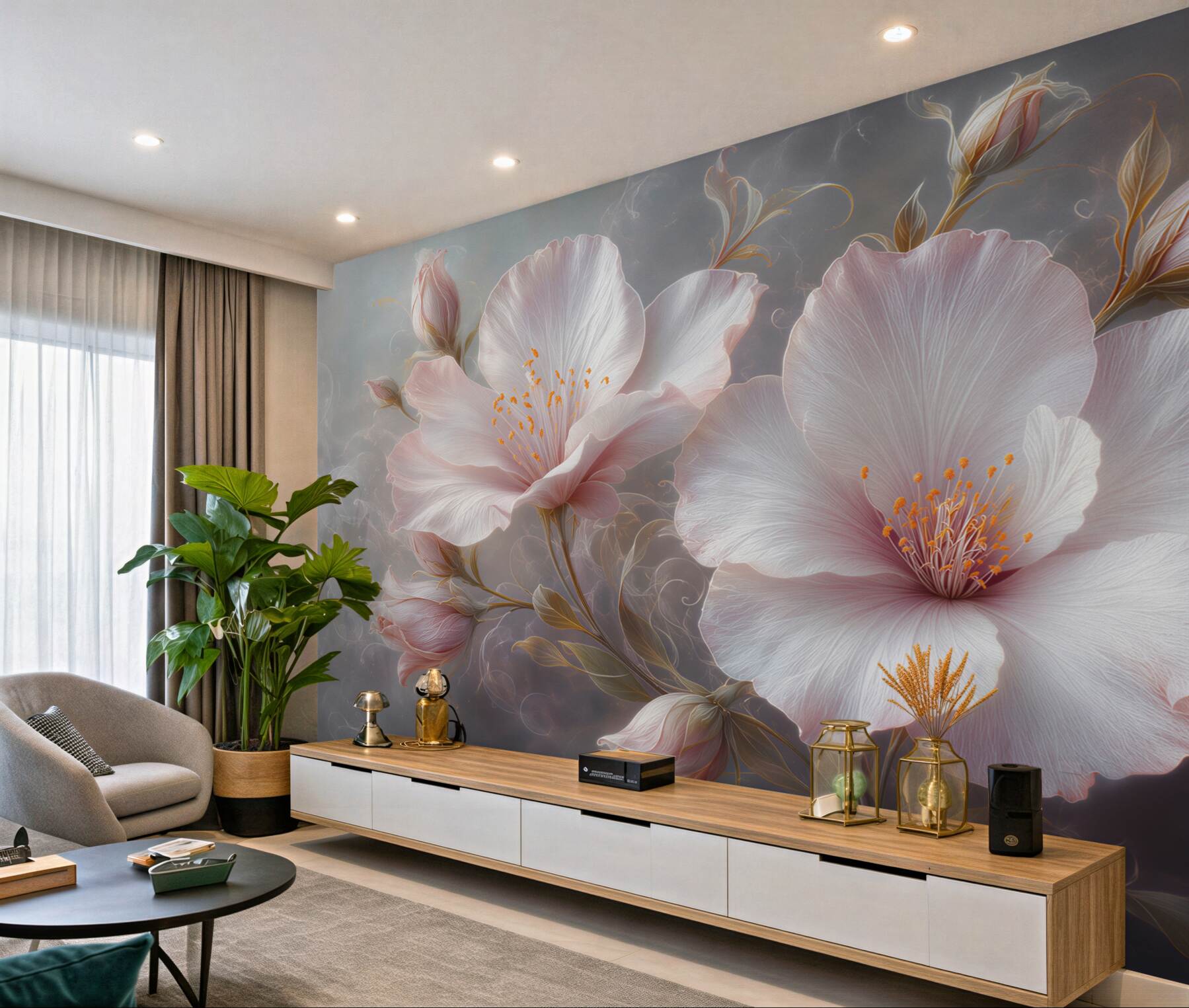Papier peint fleurs blanches sur fond gris