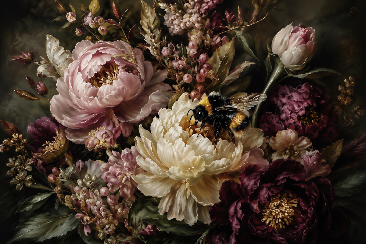 Papier peint pivoines et abeille dans les fleurs
