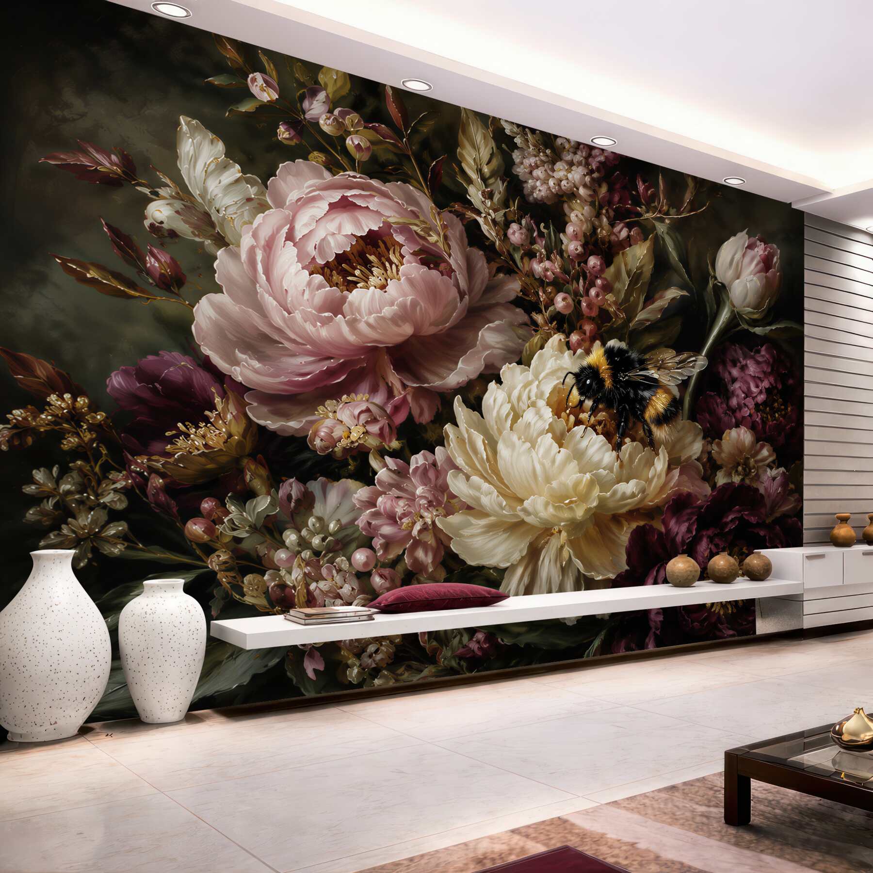 Papier peint pivoines et abeille dans les fleurs