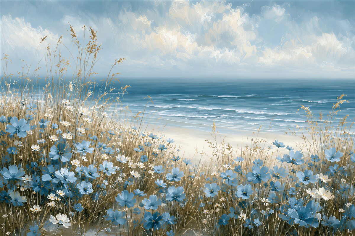 Papier peint fleurs bleues au-dessus de la mer