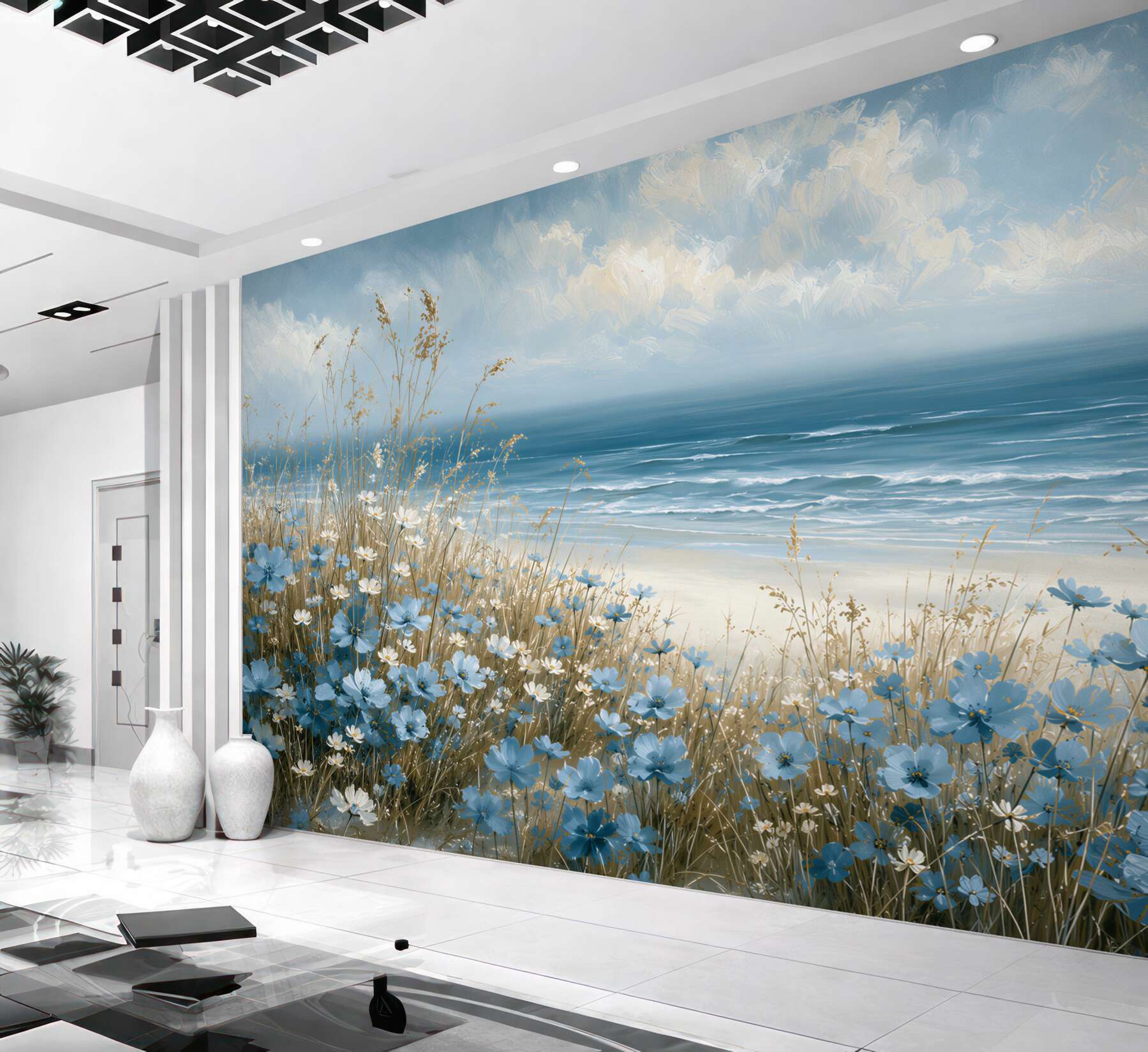 Papier peint fleurs bleues au-dessus de la mer