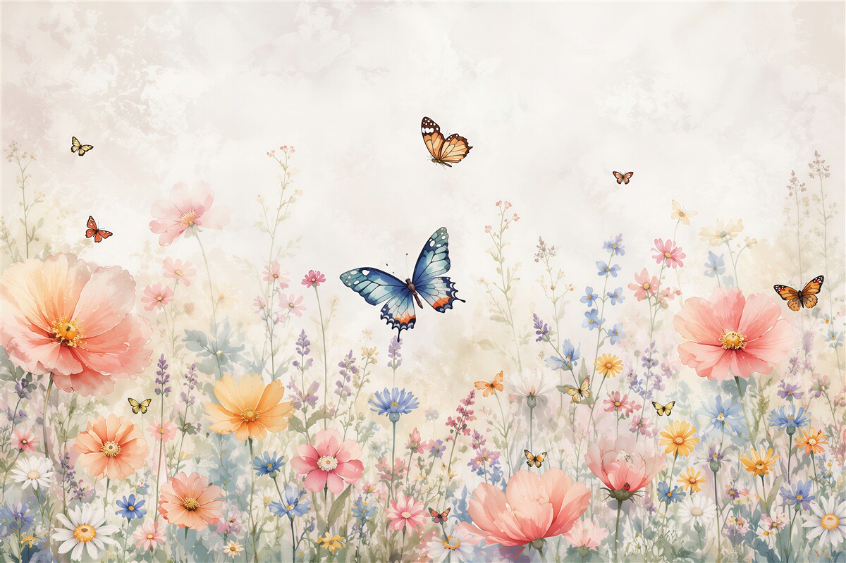 Papier peint papillons et fleurs pastel