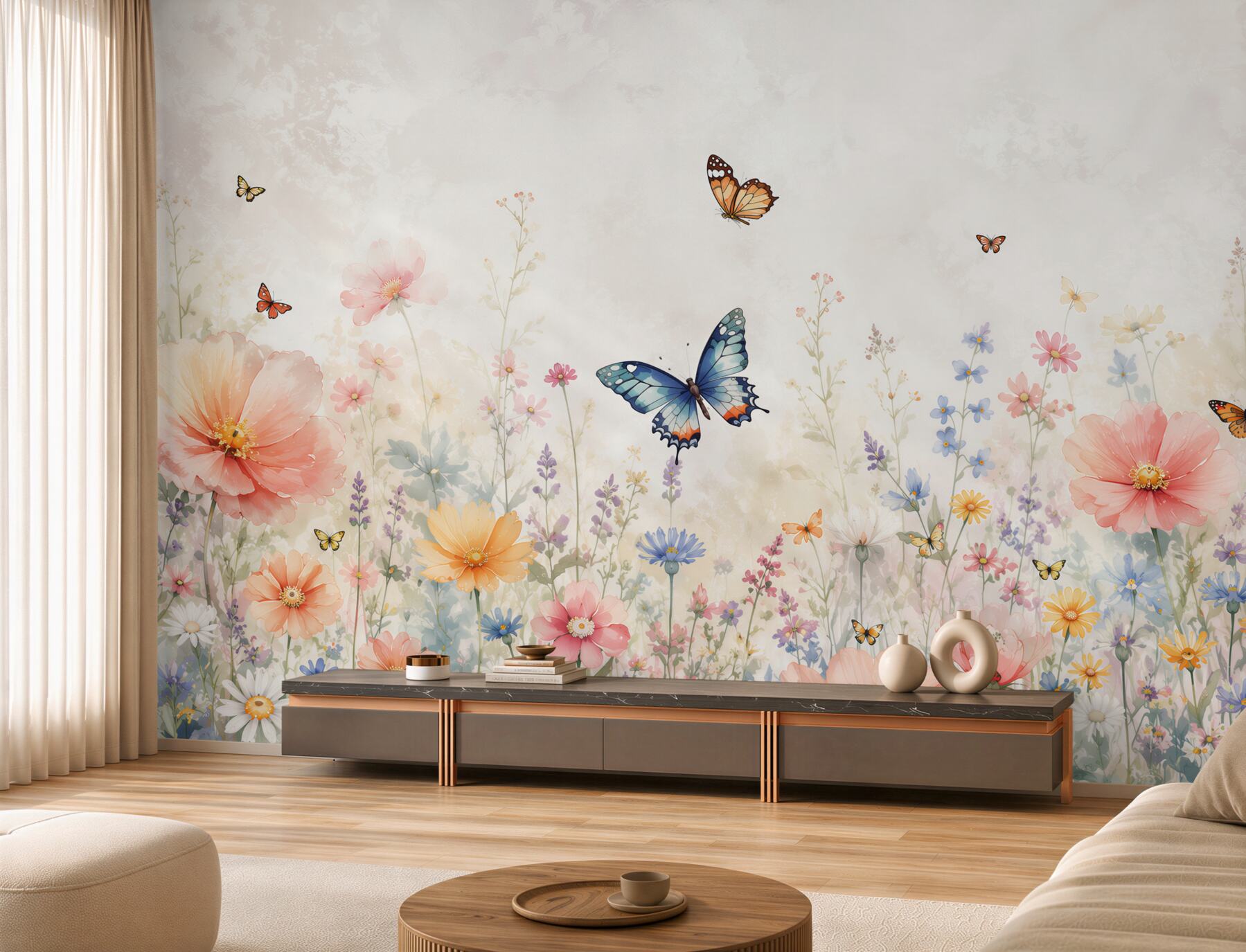 Papier peint papillons et fleurs pastel