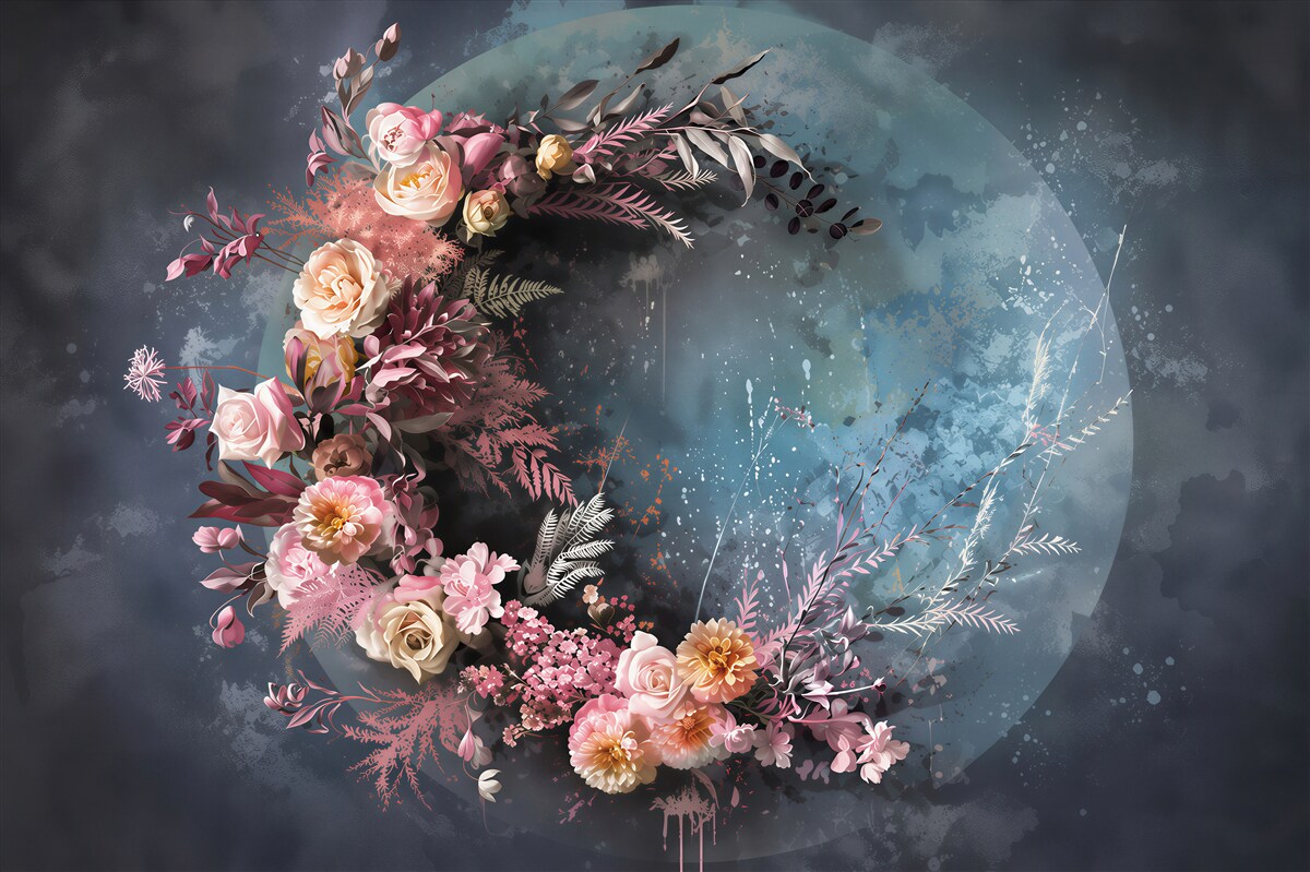 Papier peint cercle floral sur fond bleu