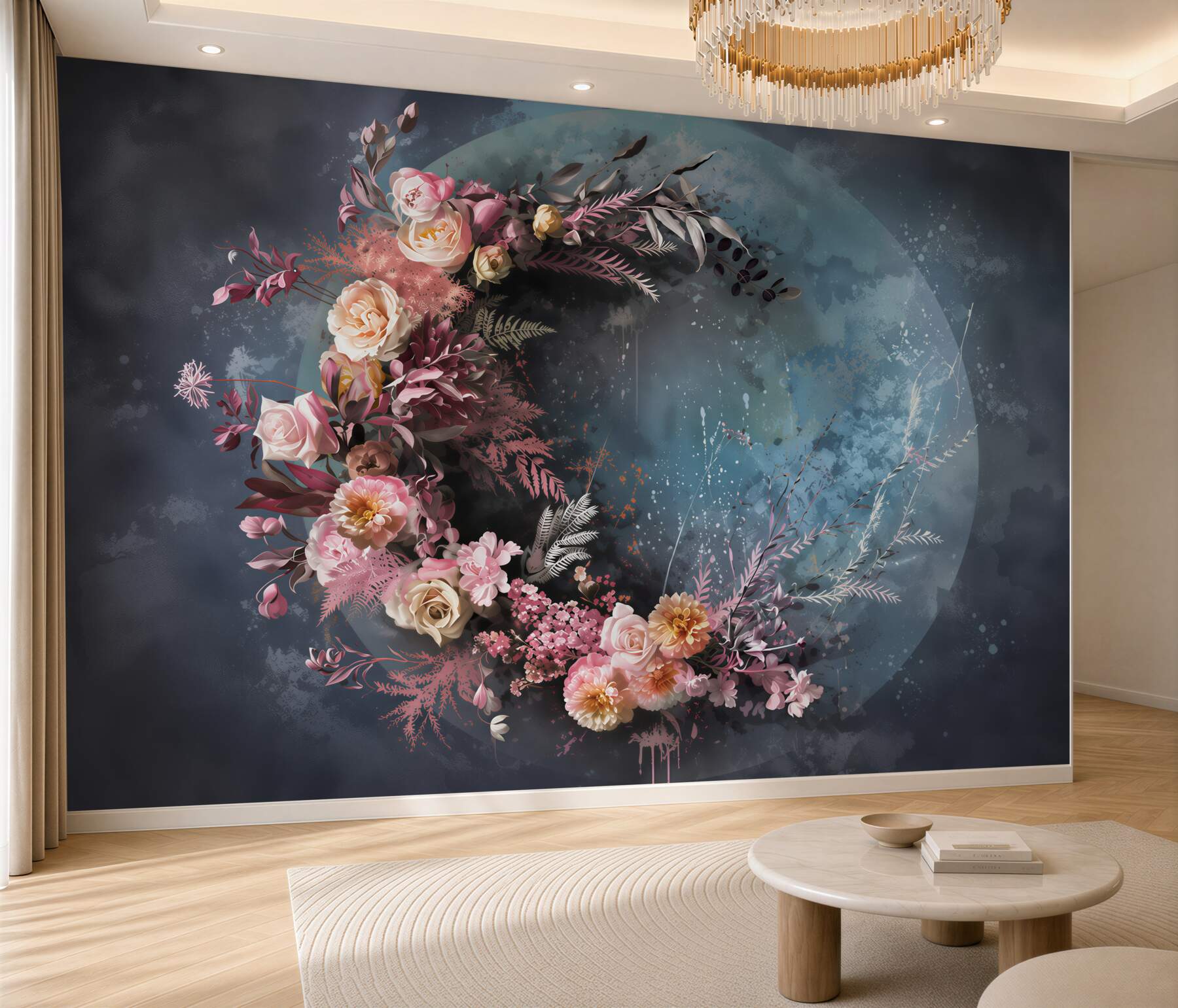 Papier peint cercle floral sur fond bleu