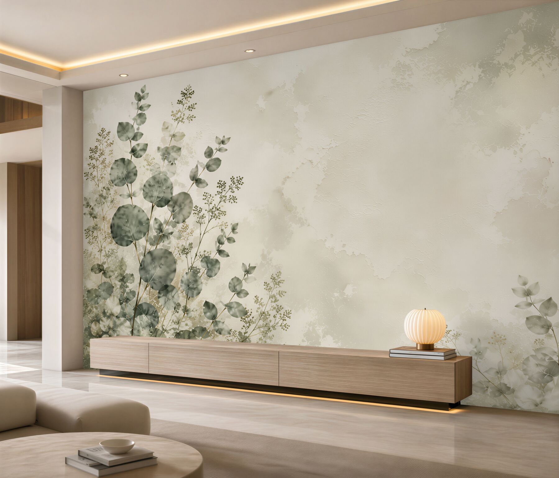 Papier peint feuilles vertes sur fond beige