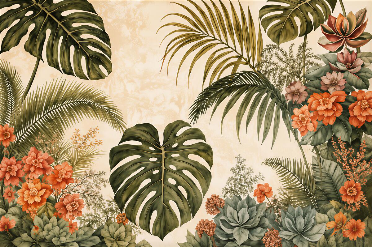 Papier peint feuilles et fleurs tropicales