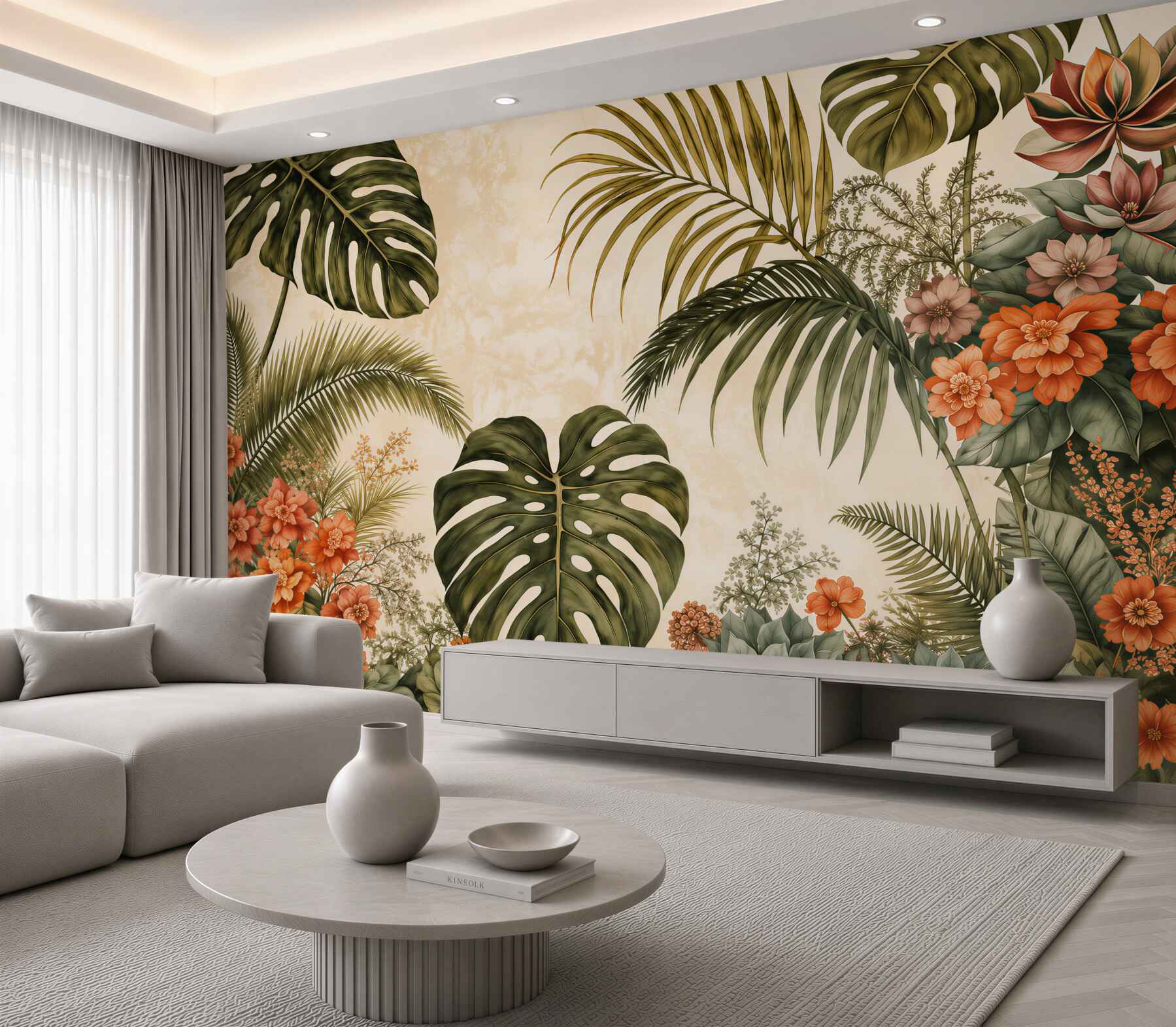 Papier peint feuilles et fleurs tropicales