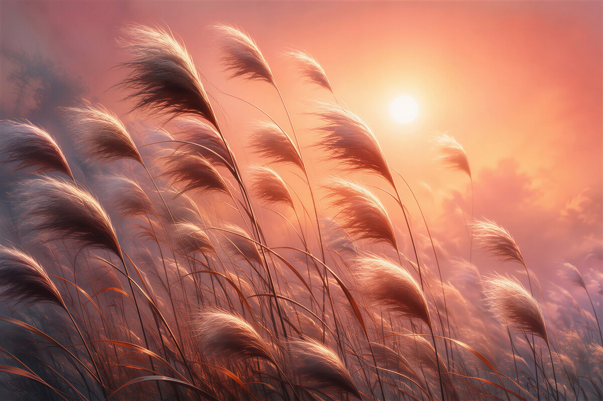 Papier peint coucher de soleil avec herbes