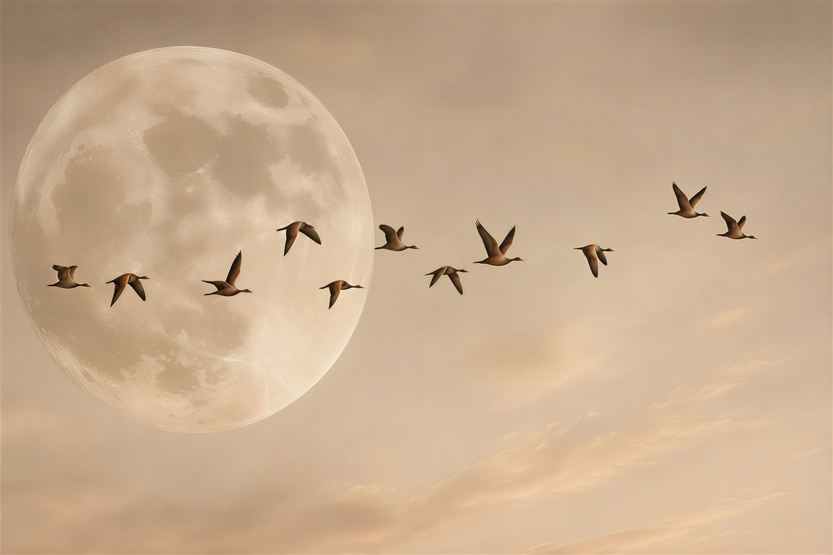 Papier peint lune et oiseaux