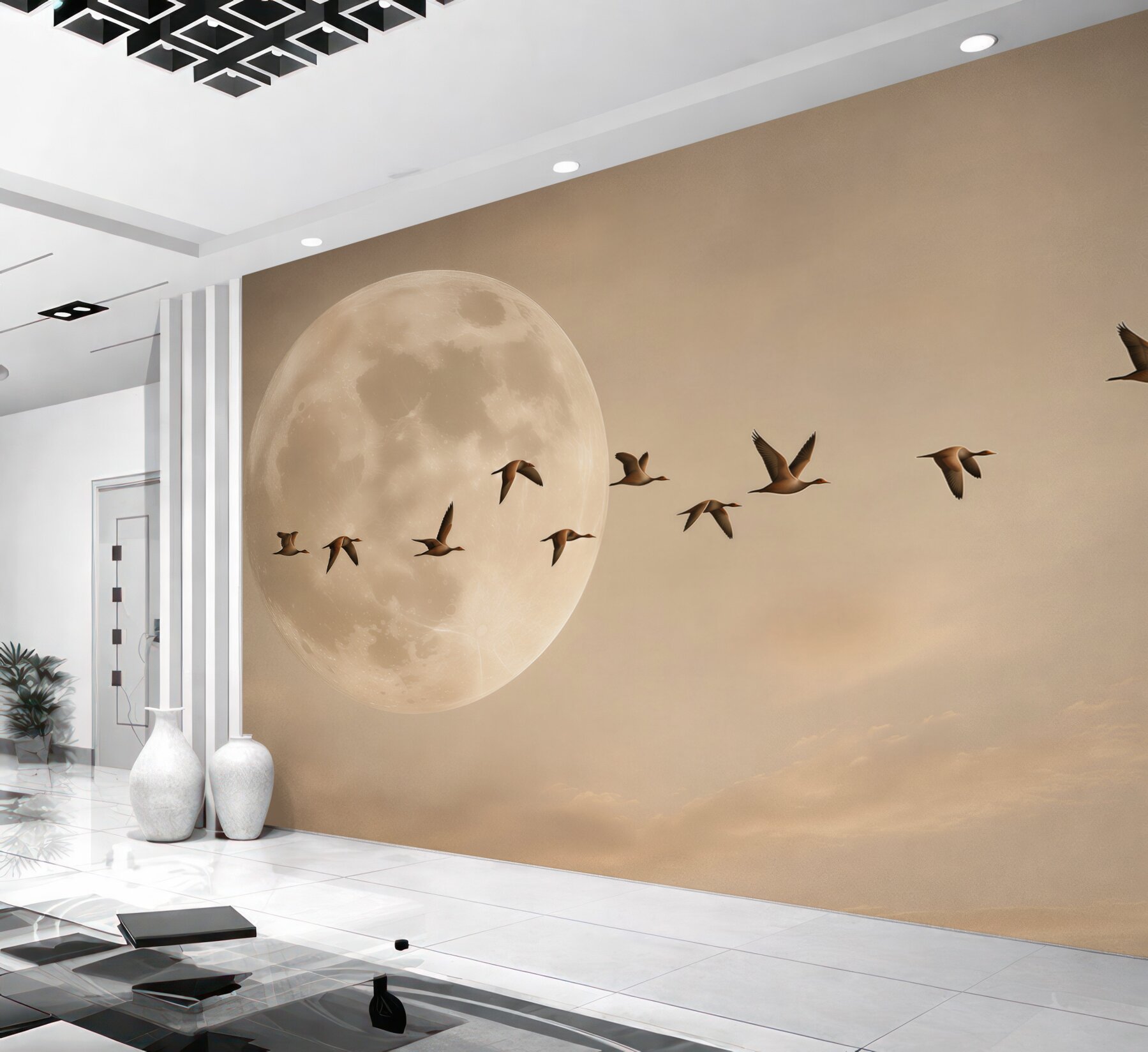 Papier peint lune et oiseaux
