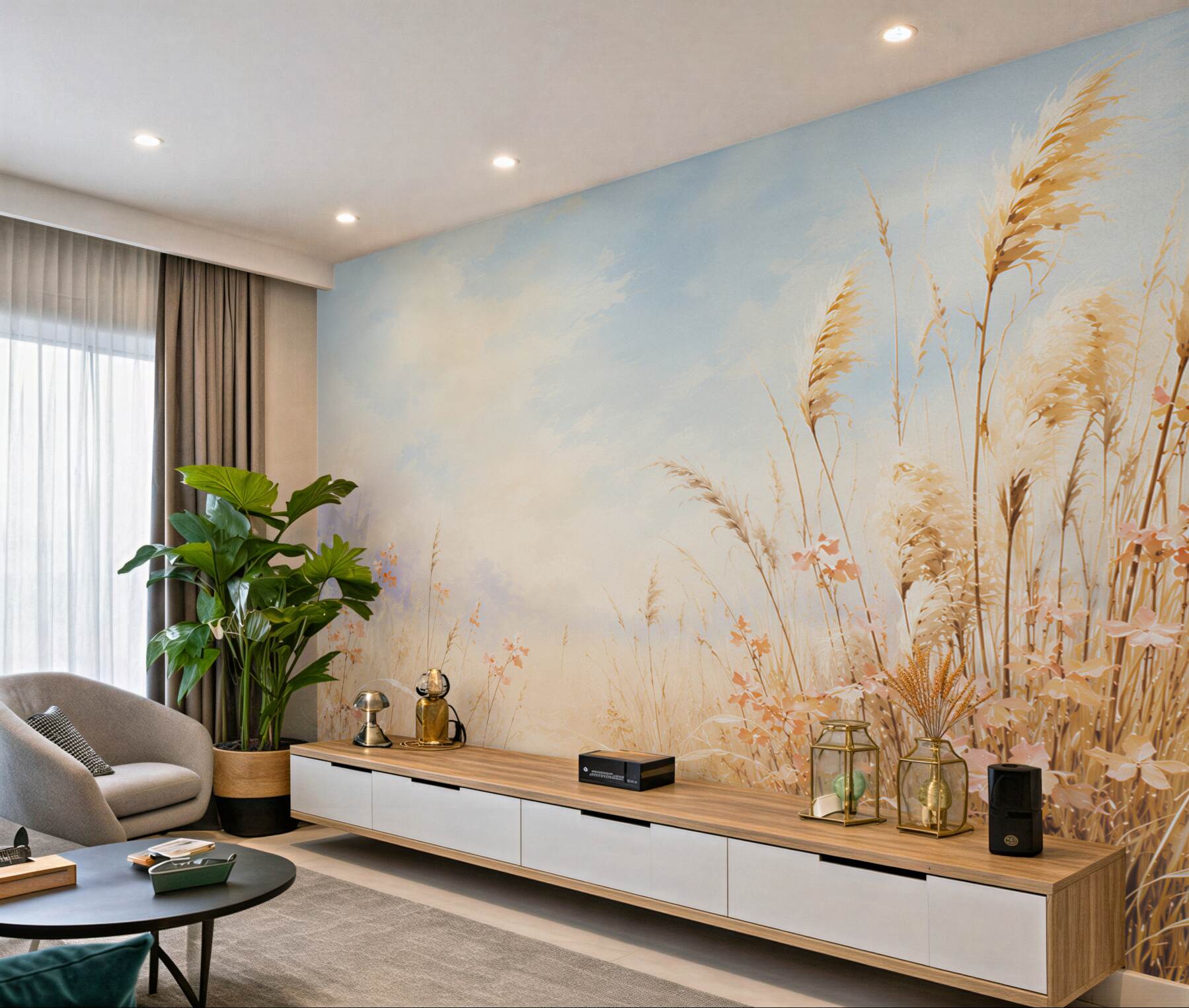 Papier peint champs d'herbe avec fleurs