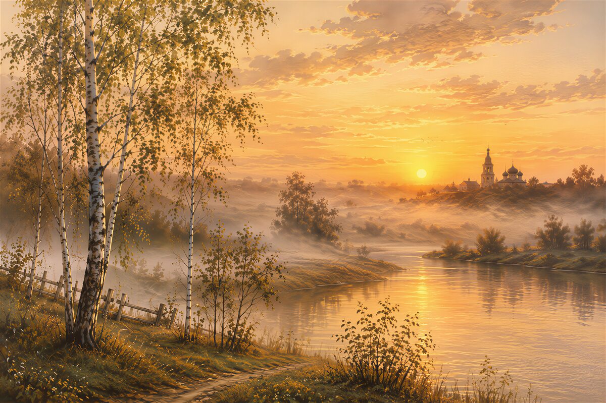 Papier peint coucher de soleil avec bouleaux