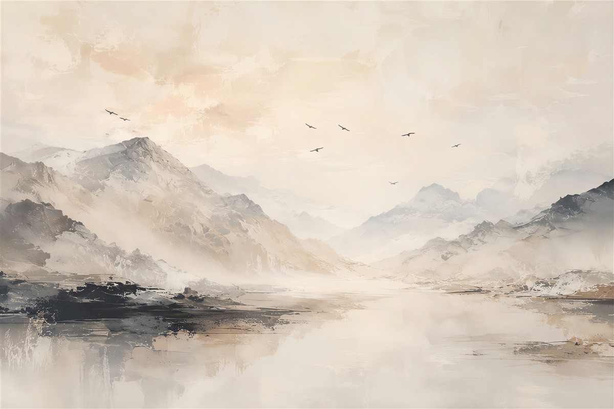 Papier peint paysage montagneux avec oiseaux
