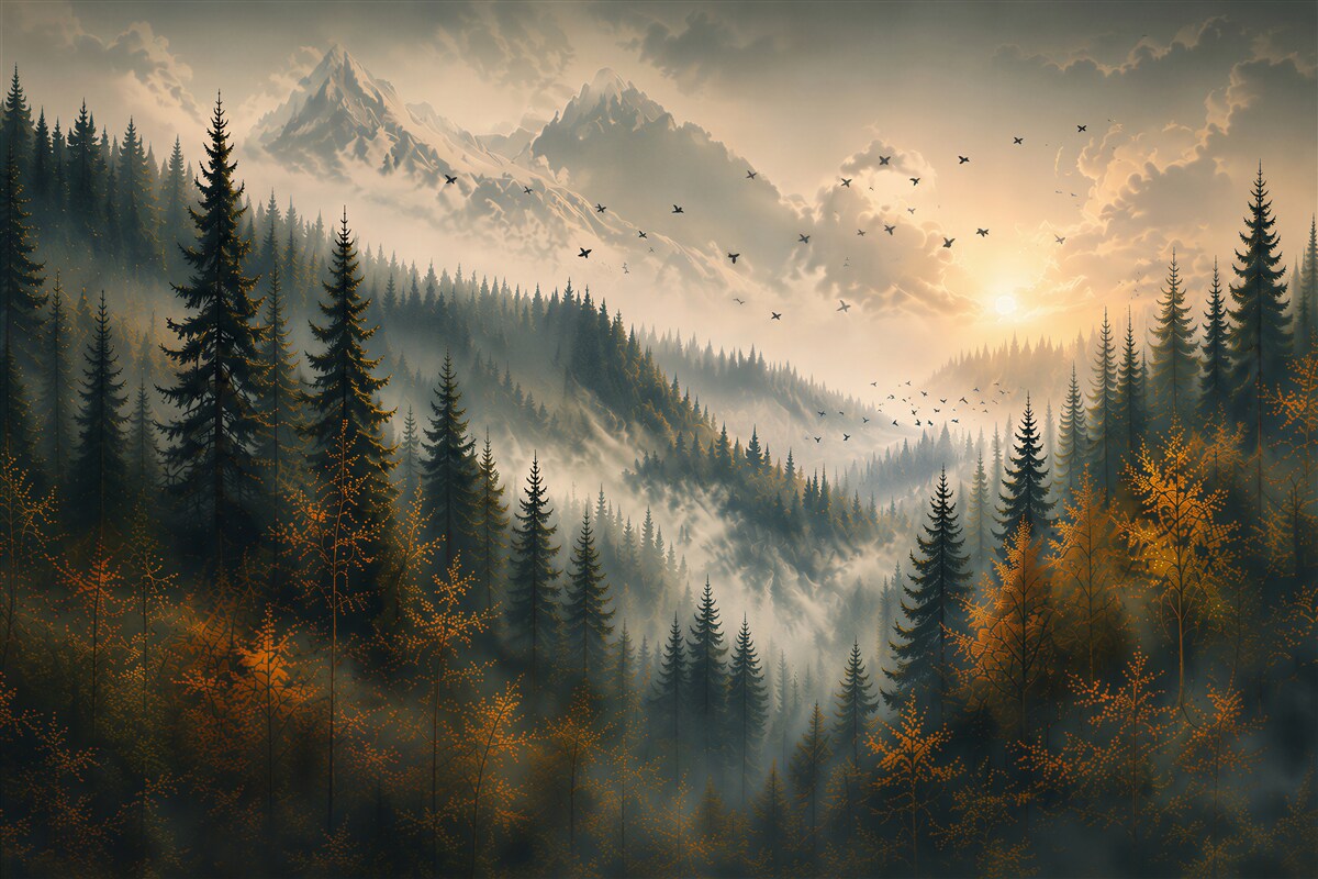 Papier peint paysage montagneux au coucher de soleil