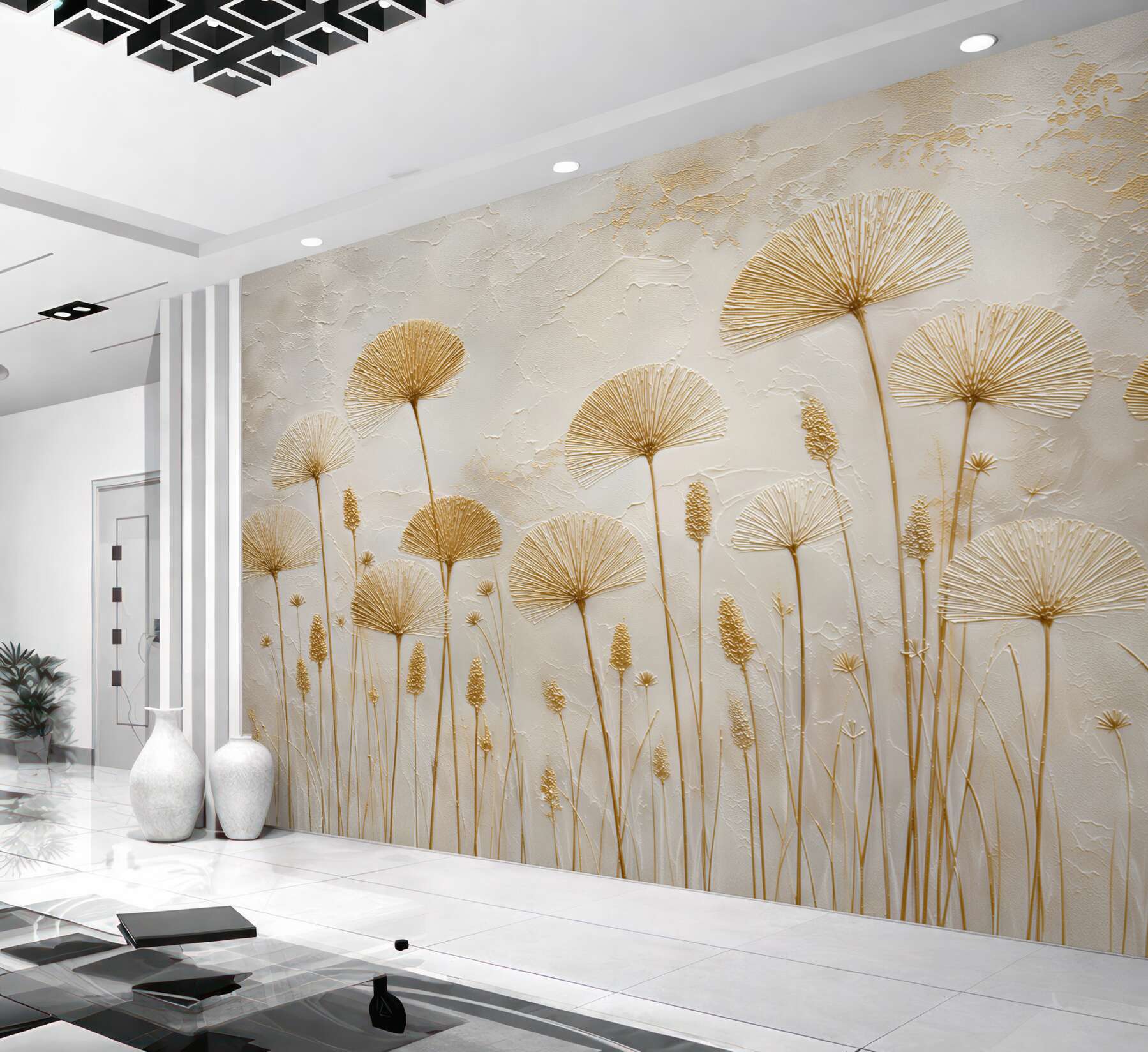Papier peint pissenlits dorés sur le mur
