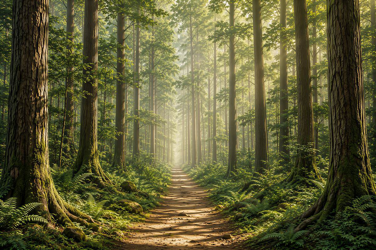 Papier peint chemin forestier dans le brouillard