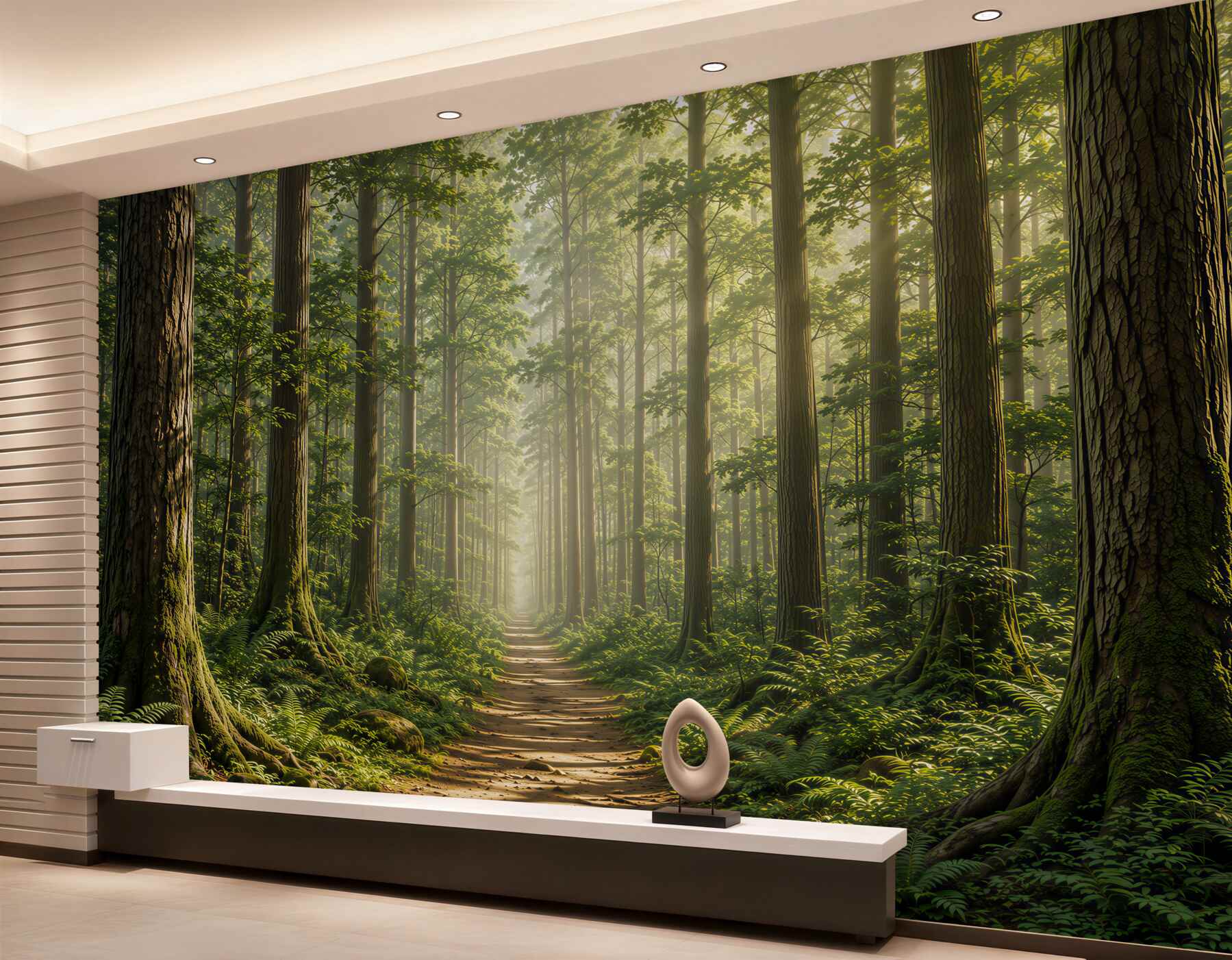 Papier peint chemin forestier dans le brouillard