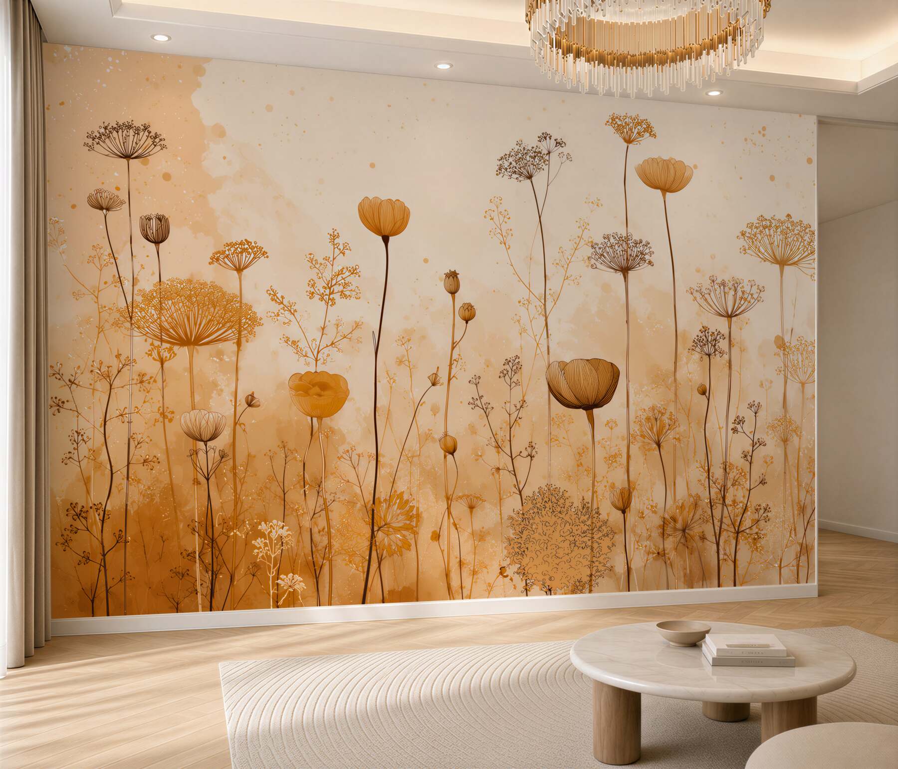 Papier peint fleurs des champs dans des teintes orange