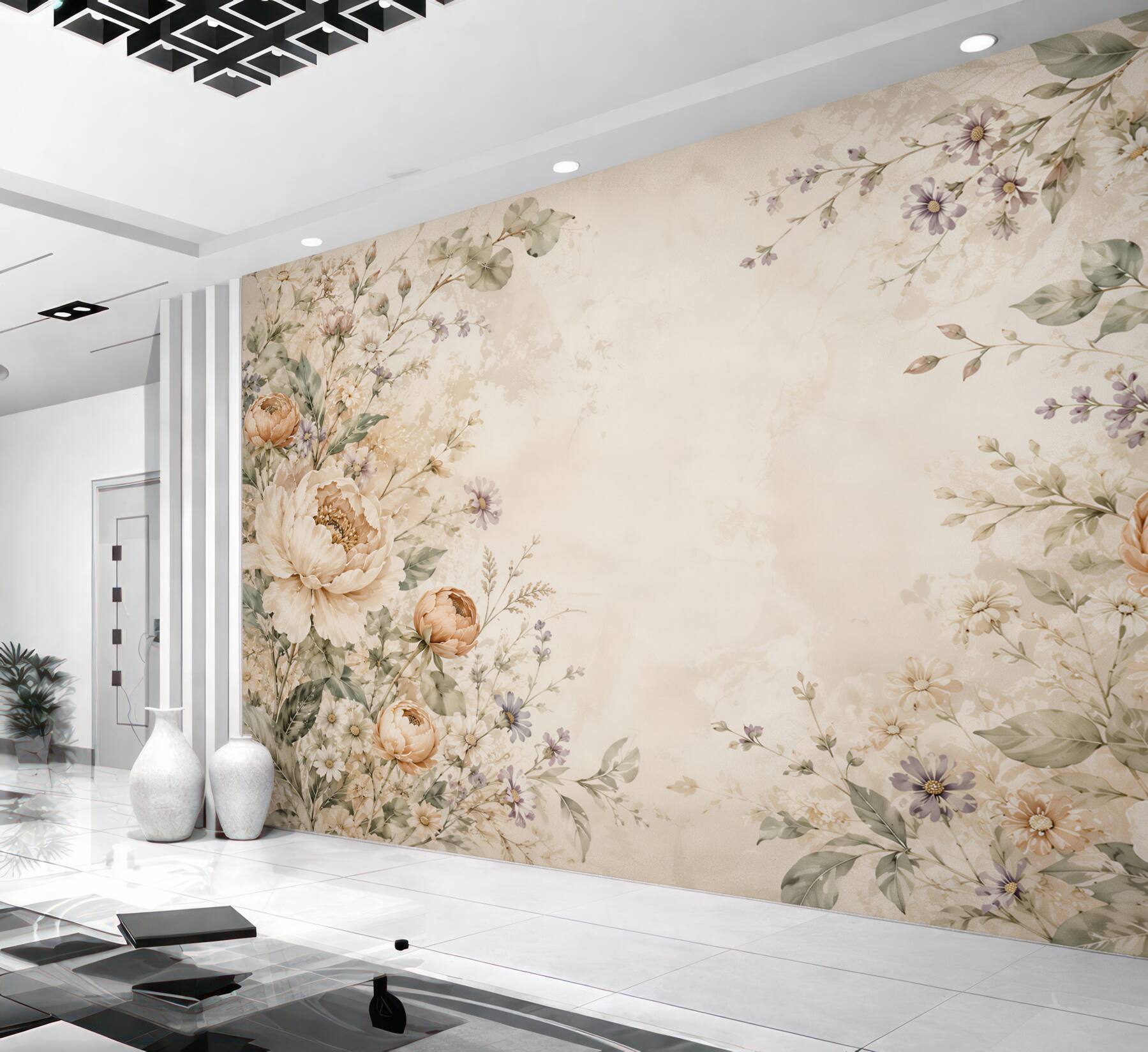 Papier peint fleurs dans des teintes crème