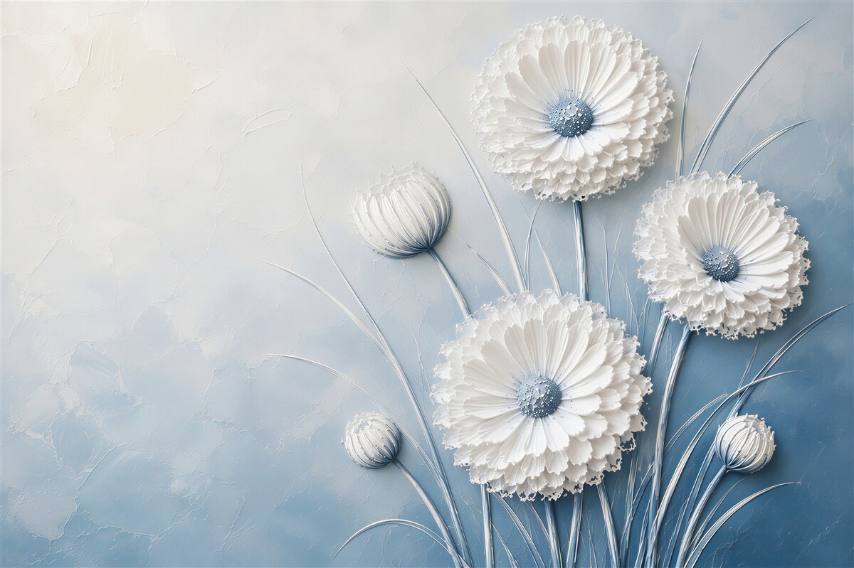 Papier peint fleurs blanches sur fond bleu