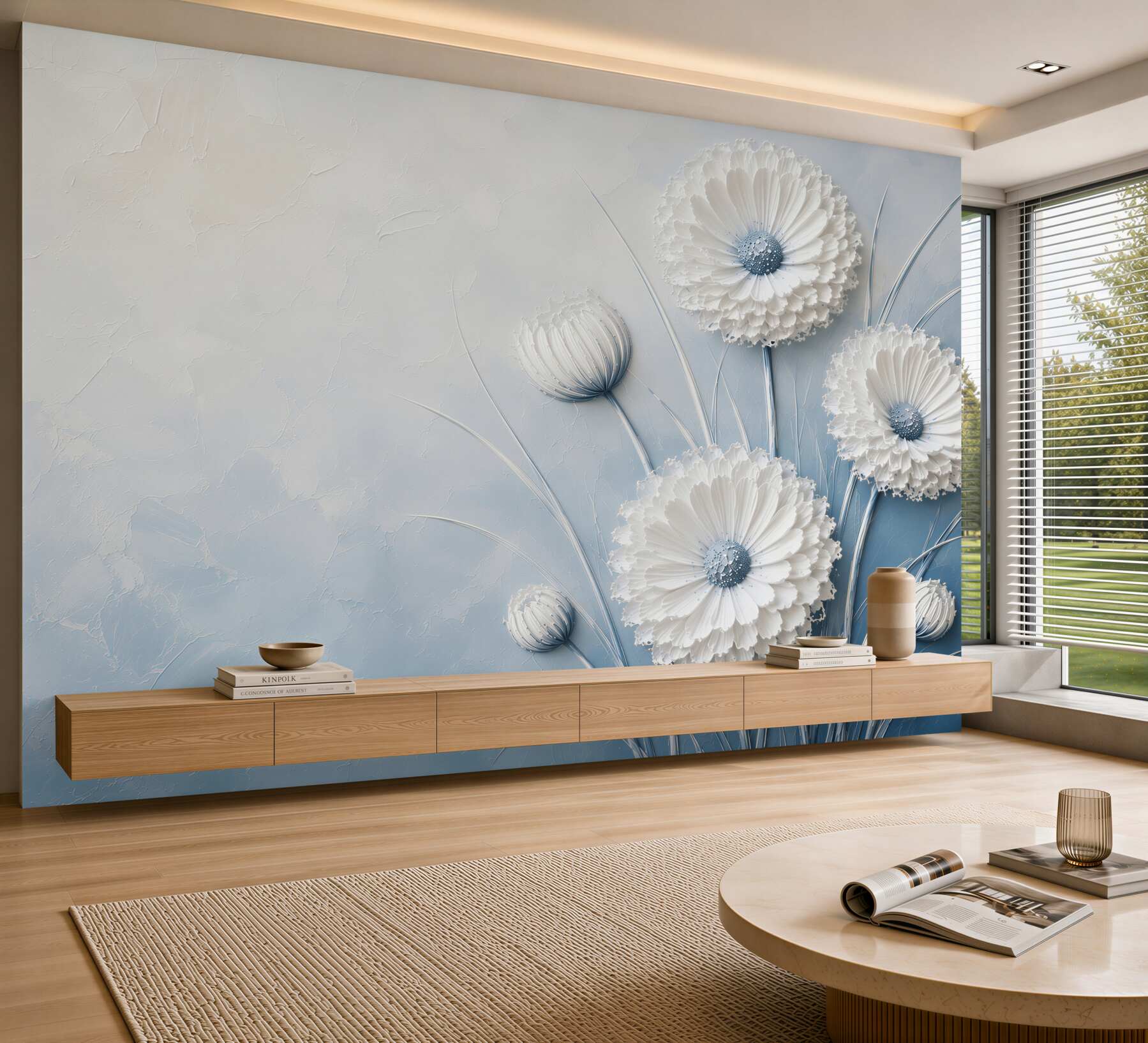 Papier peint fleurs blanches sur fond bleu