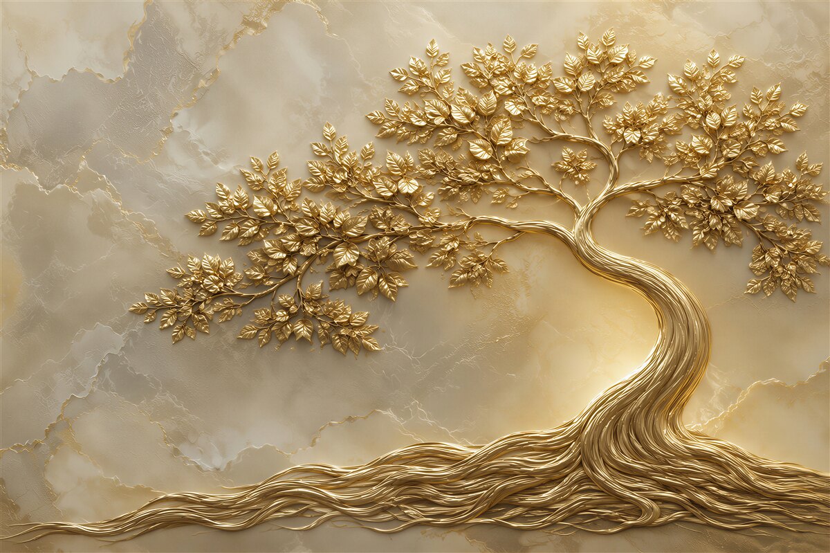 Papier peint arbre doré sur marbre