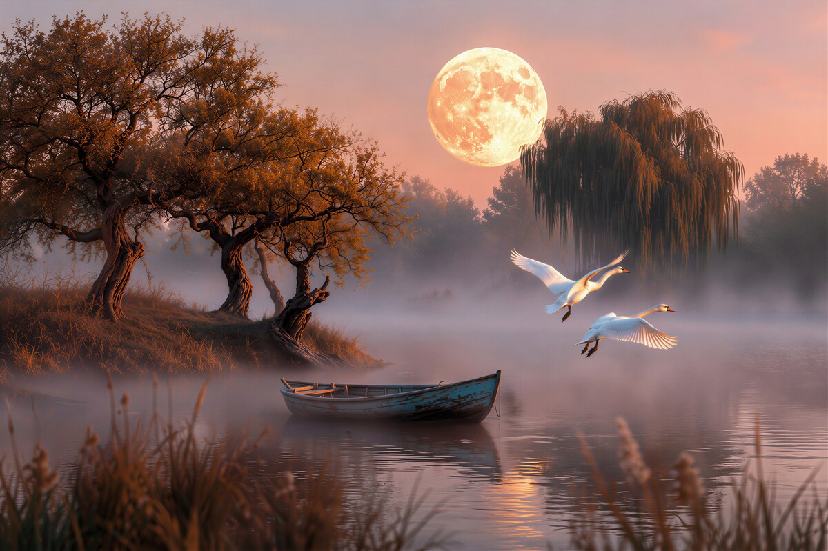 Papier peint cygnes sous la pleine lune