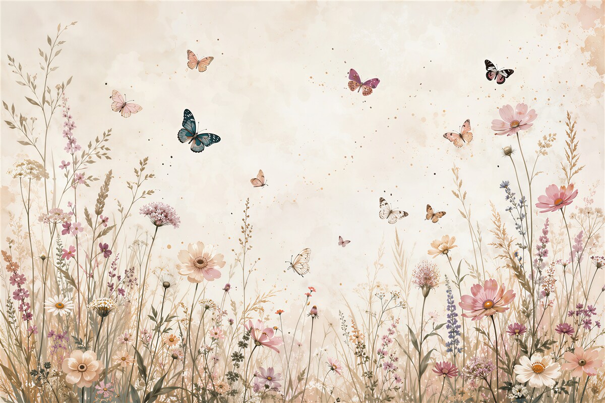Papier peint papillons et fleurs sauvages