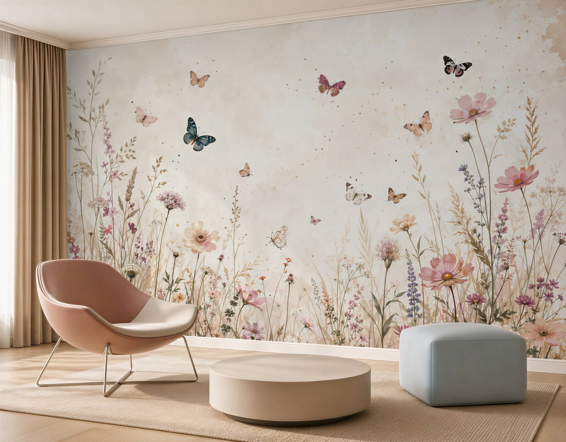 Papier peint papillons et fleurs sauvages