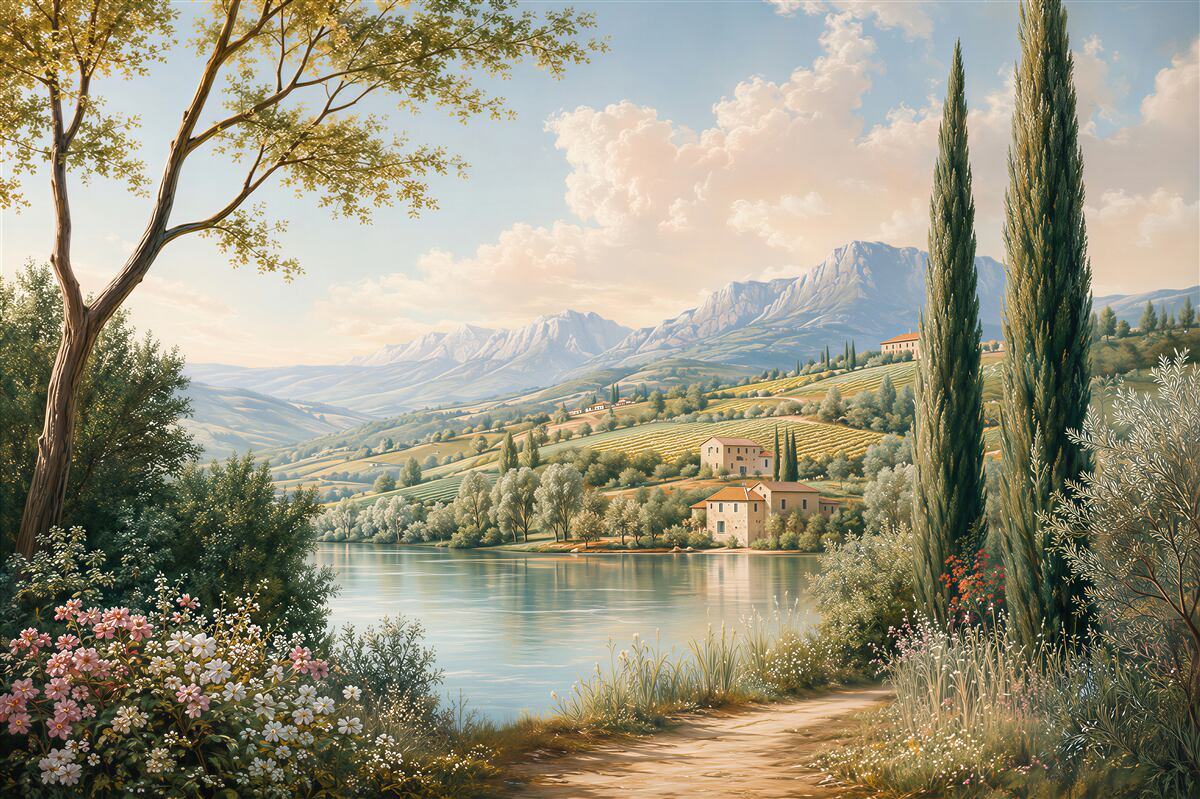 Papier peint paysage toscan avec montagnes