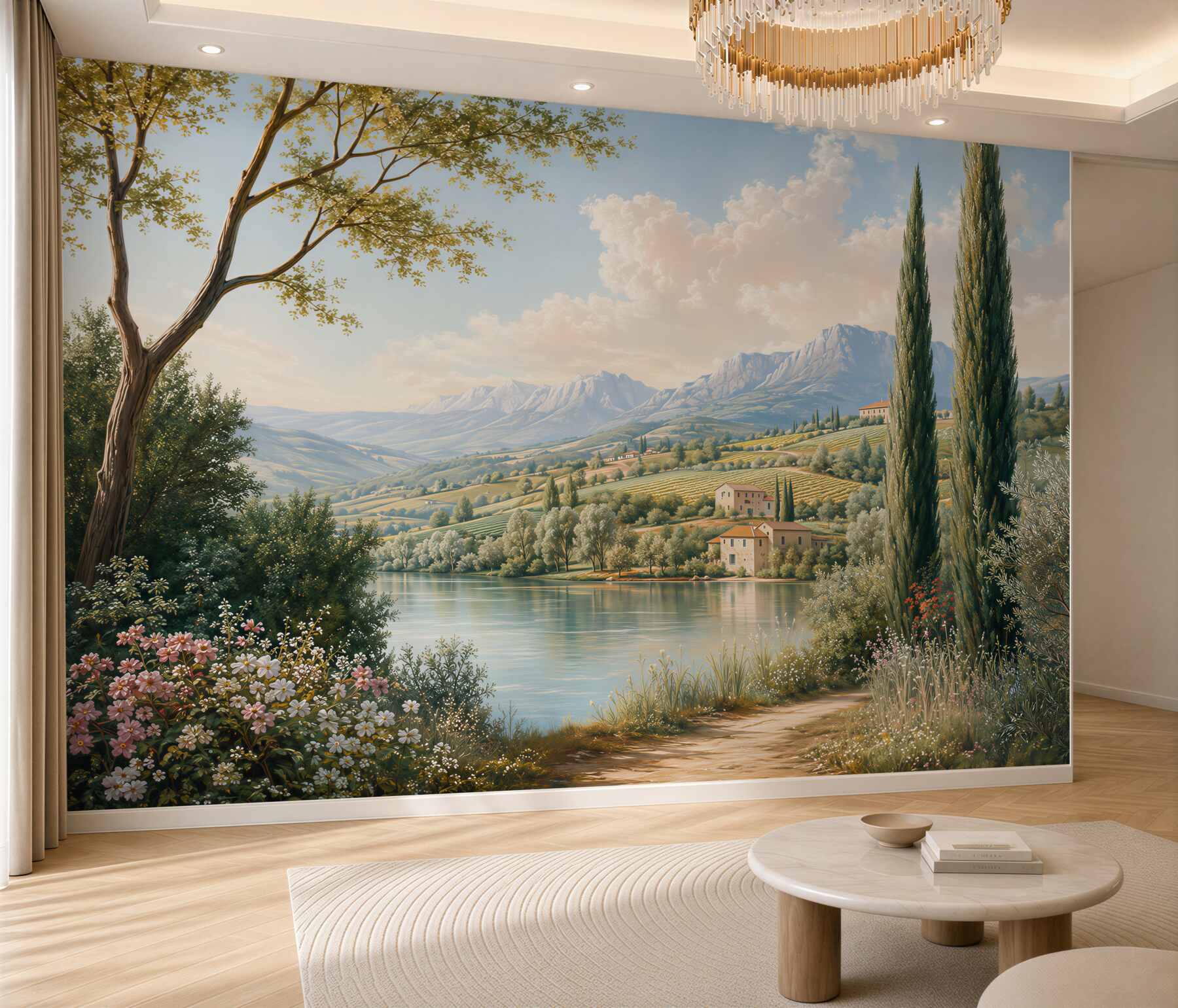 Papier peint paysage toscan avec montagnes
