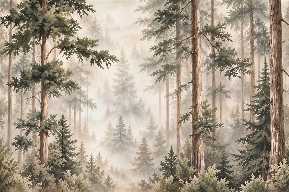 Papier peint forêt dans le brouillard