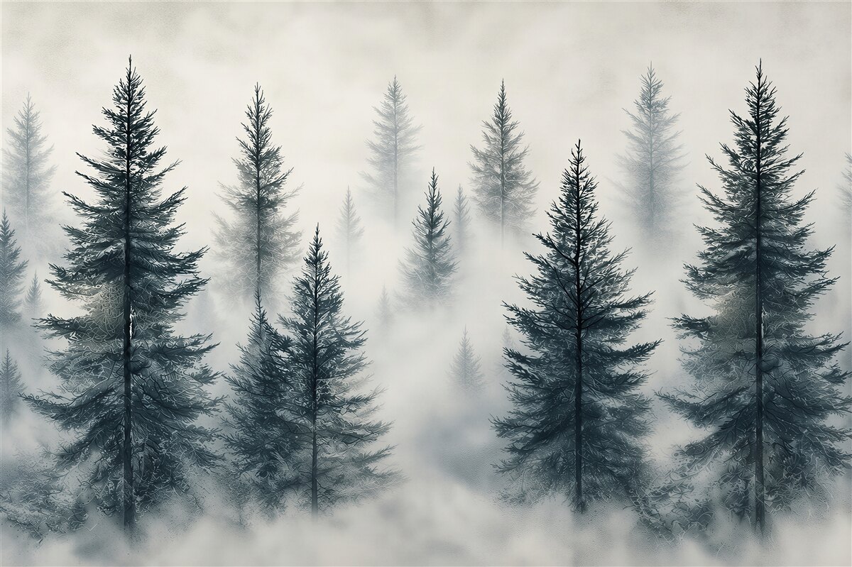 Papier peint forêt dans le brouillard