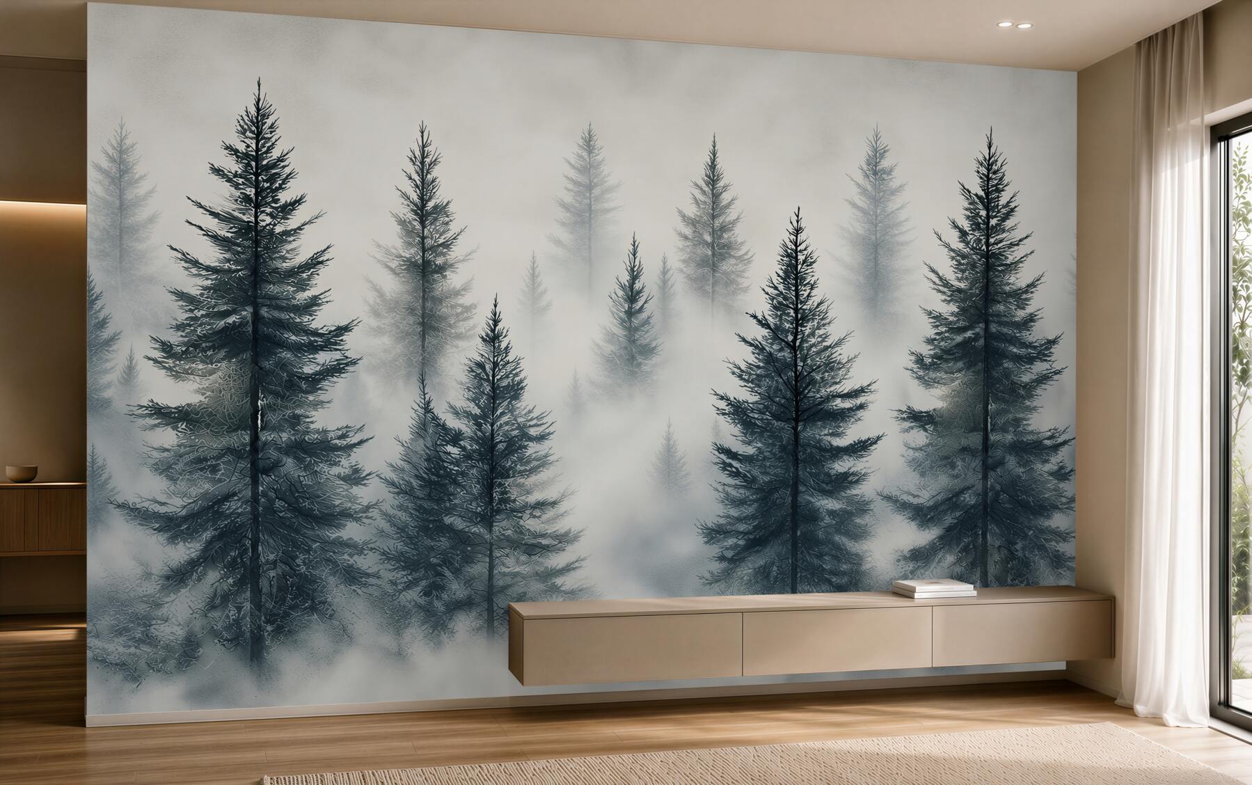 Papier peint forêt dans le brouillard