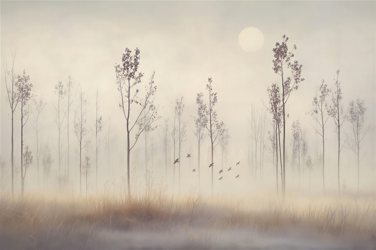 Papier peint forêt dans le brouillard