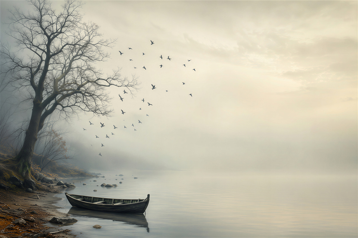 Papier peint paysage brumeux avec un bateau