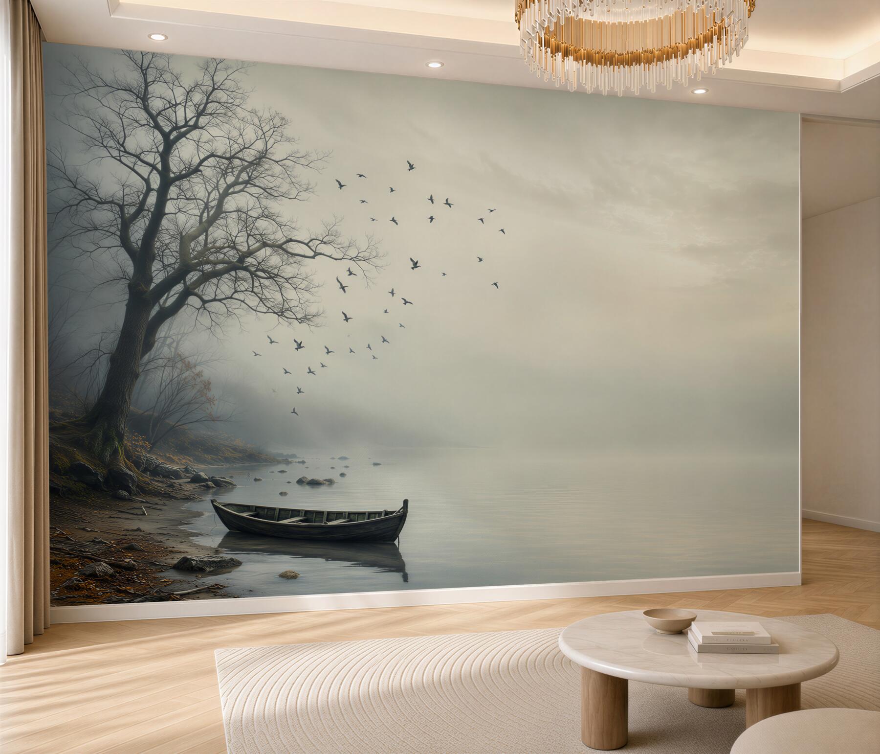 Papier peint paysage brumeux avec un bateau