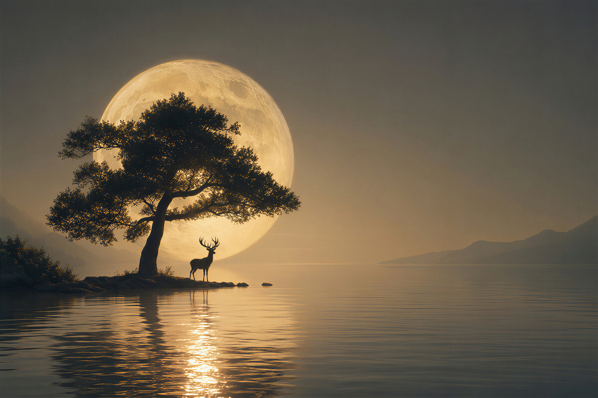 Papier peint cerf sous la pleine lune