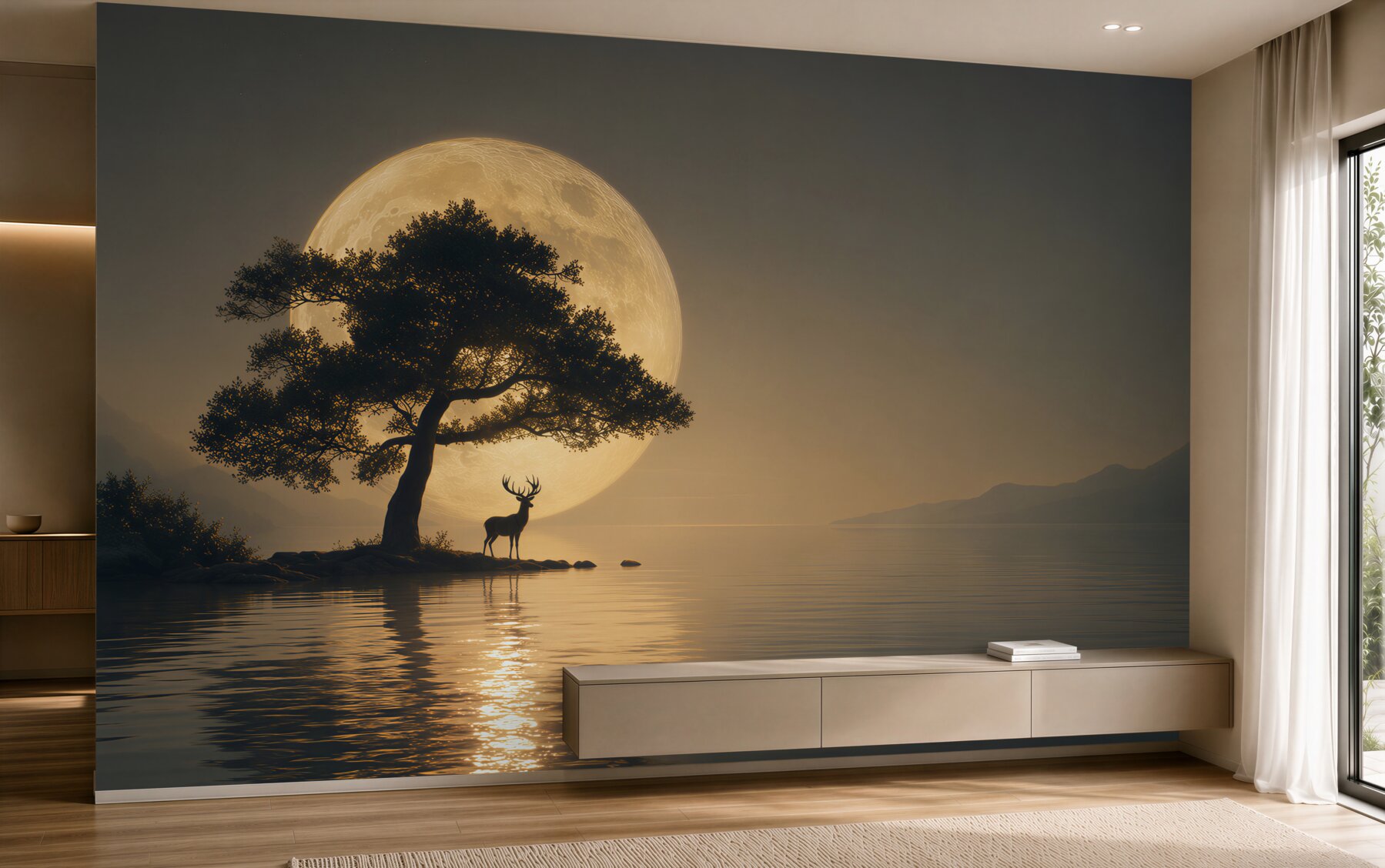 Papier peint cerf sous la pleine lune