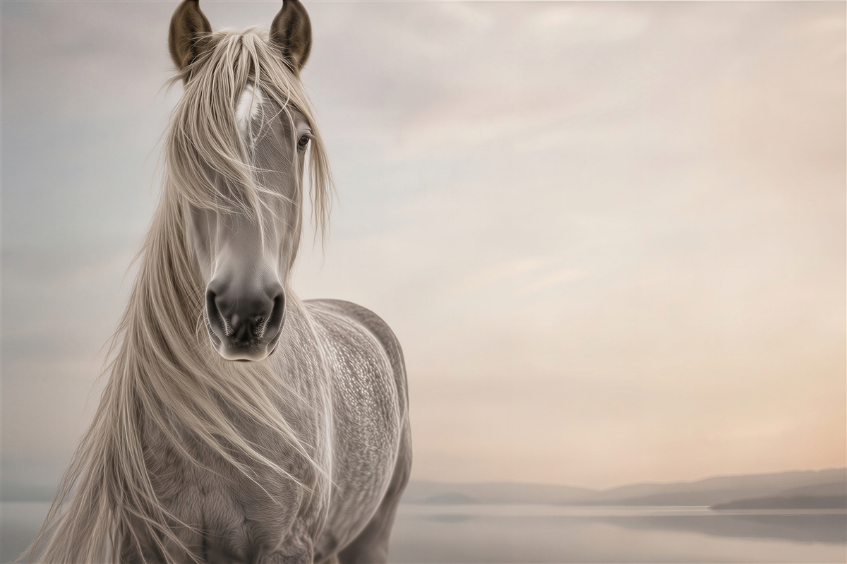 Papier peint cheval blanc sur fond de paysage
