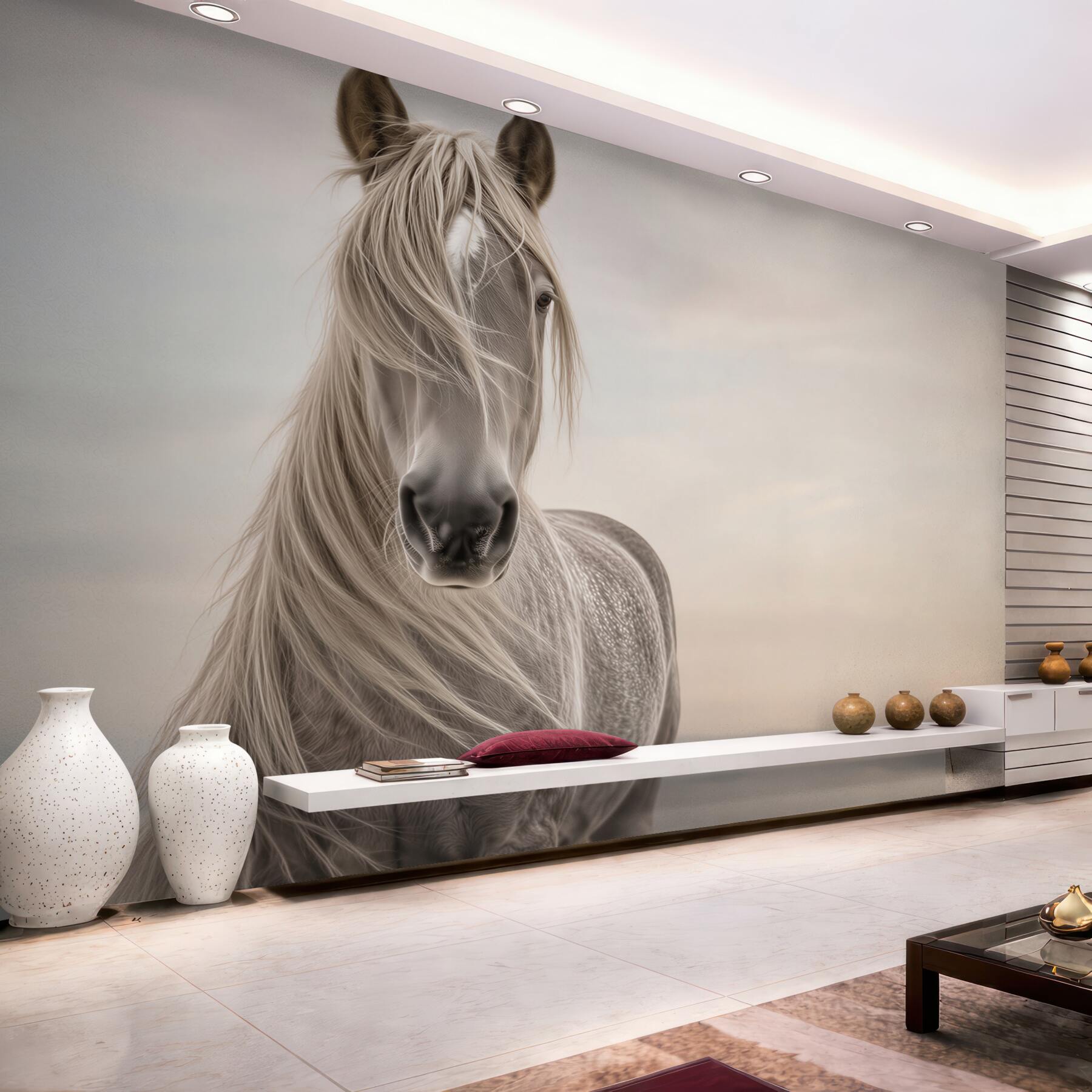 Papier peint cheval blanc sur fond de paysage
