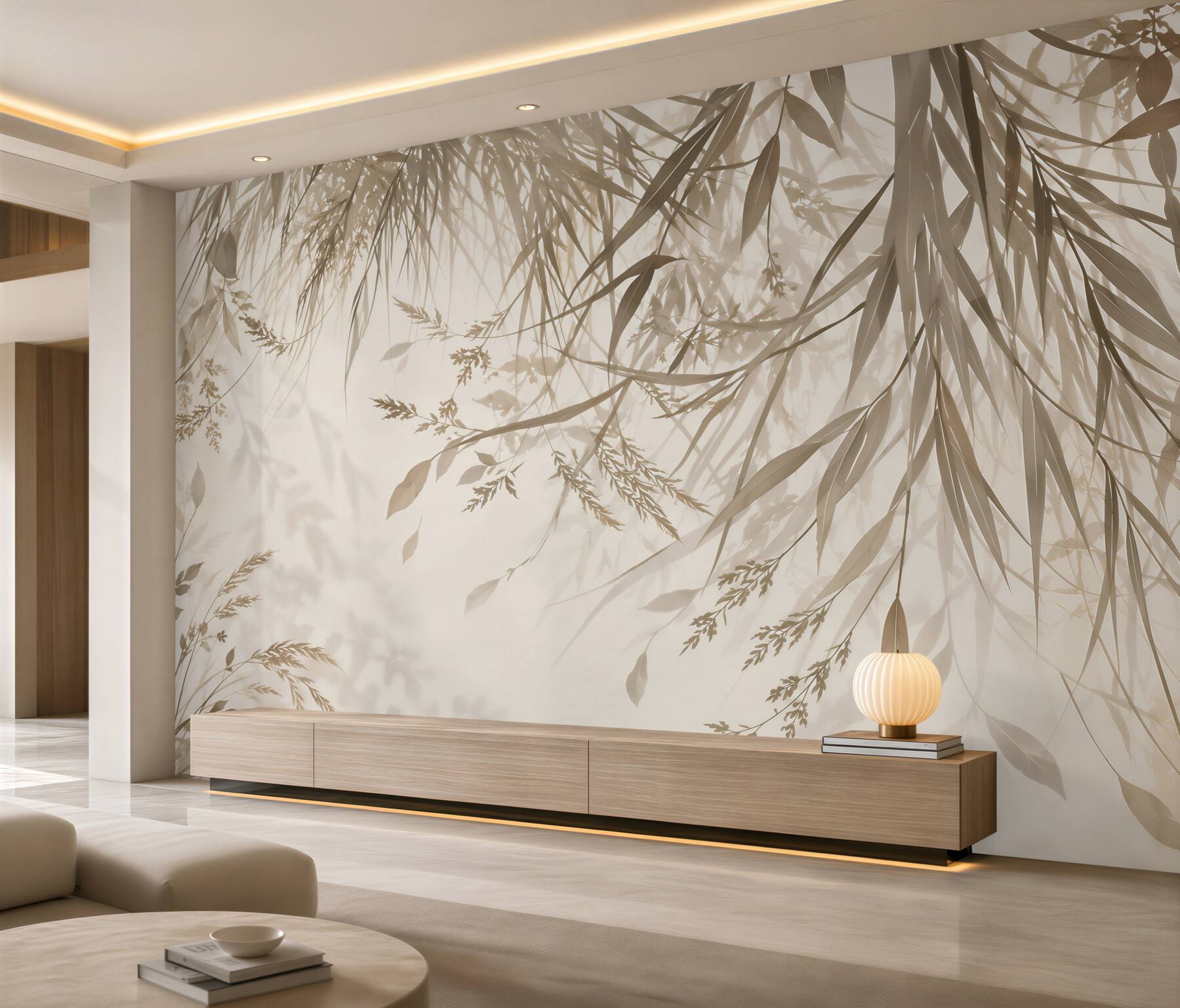 Papier peint feuilles délicates en beige