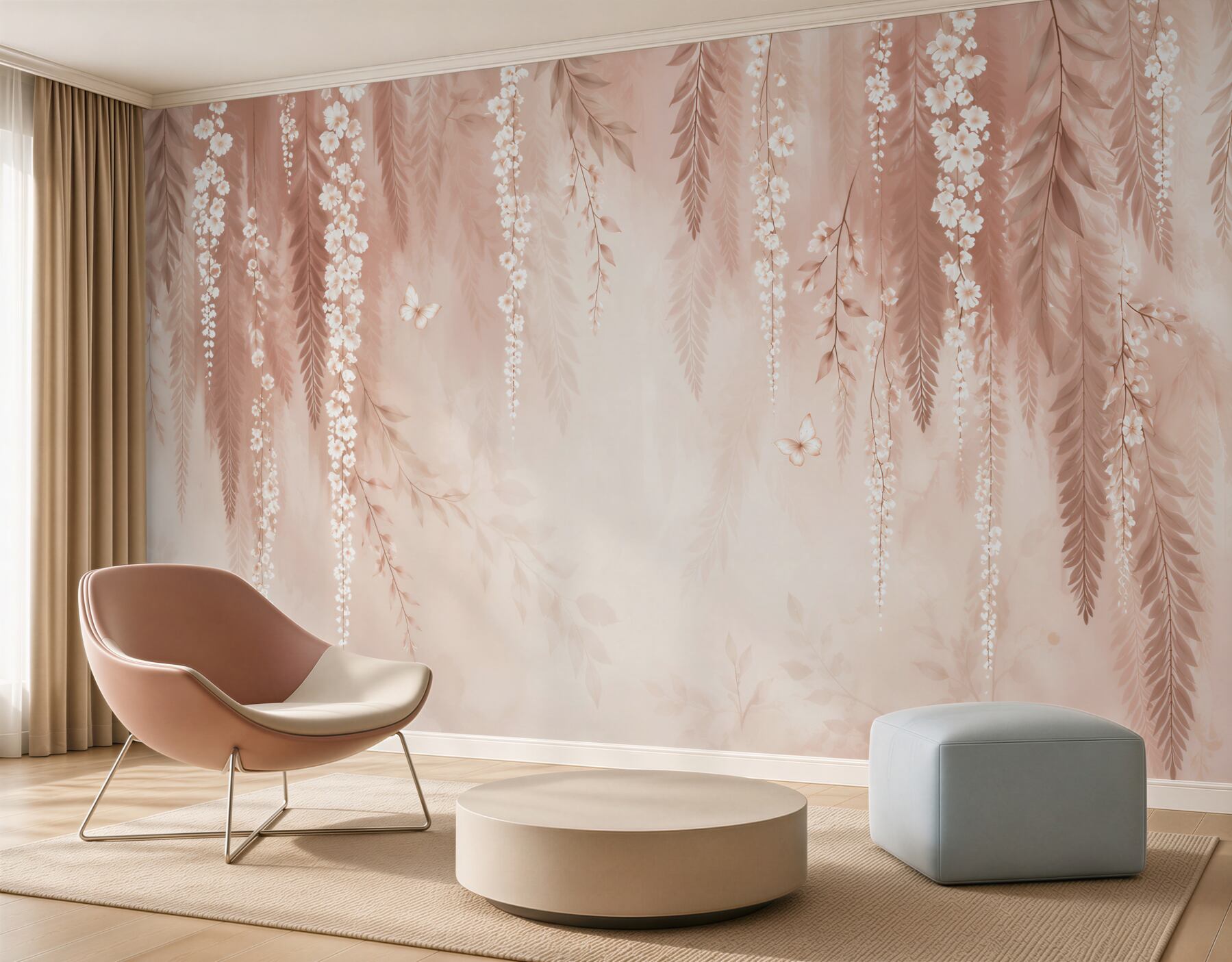 Papier peint chute de fleurs roses